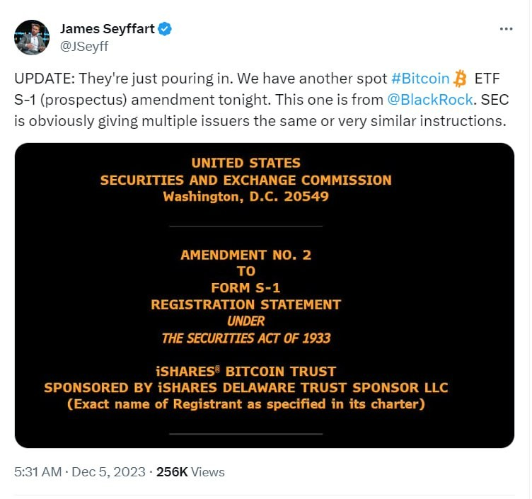 JustinN52279094's tweet photo. 👉 Nhà phân tích James Seyffart của Bloomberg cho biết BlackRock đã một lần nữa gửi tài liệu ETFS-1 Bitcoin giao ngay sửa đổi cho SEC Hoa Kỳ  

👉 Trước đó, công ty Bitwise cũng đã làm điều tương tự - gửi lại tài liệu đề xuất ETF bitcoin đã được sửa đổi lần thứ 2 cho SEC. Điều này cho thấy SEC dường như đã đưa ra các hướng dẫn và yêu cầu tương tự cho nhiều công ty phát hành ETF bitcoin. Thay vì bác bỏ hoàn toàn, SEC đang yêu cầu các công ty này giải quyết những vấn đề mà SEC quan ngại. 

👉Nhìn chung, đây là tín hiệu tích cực cho thấy SEC đang có xu hướng xem xét và có khả năng sẽ chấp thuận các đề xuất ETF bitcoin trong tương lai gần, sau khi các yêu cầu của họ được đáp ứng. điều này cho thấy răng sec sẽ rất có thể sẽ chấp thuận ETF Bitcoin vào tháng 1 tới.