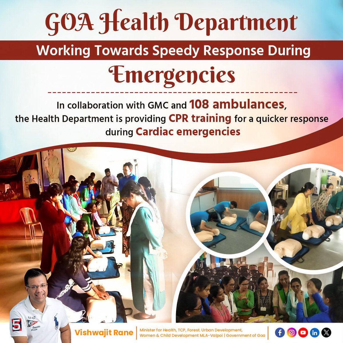 Vishwajit Rane (@visrane) on Twitter photo In collaboration with <a href="/GoaGmc/">Goa Medical College & Hospital - GMC</a> and 108 ambulances, the <a href="/DHS_Goa/">Directorate of Health Services - Goa</a> introduced a comprehensive CPR training program. Empowering individuals with life-saving skills is crucial. Let's work together to ensure a safer and healthier community.
#TheGoaModel In collaboration with <a href="/GoaGmc/">Goa Medical College & Hospital - GMC</a> and 108 ambulances, the <a href="/DHS_Goa/">Directorate of Health Services - Goa</a> introduced a comprehensive CPR training program. Empowering individuals with life-saving skills is crucial. Let's work together to ensure a safer and healthier community.
#TheGoaModel