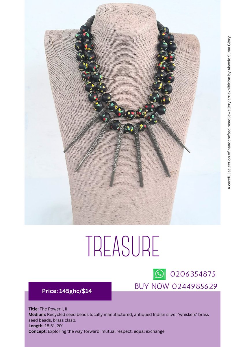 The works, "Wōjē Shōŋŋ"(we have come a long way) employs the technique of capturing locally manufactured beads of vast and varied materials on rope, strings, and fabric and juxtaposes them with other beads to project the link between heritage, creativity, and change.