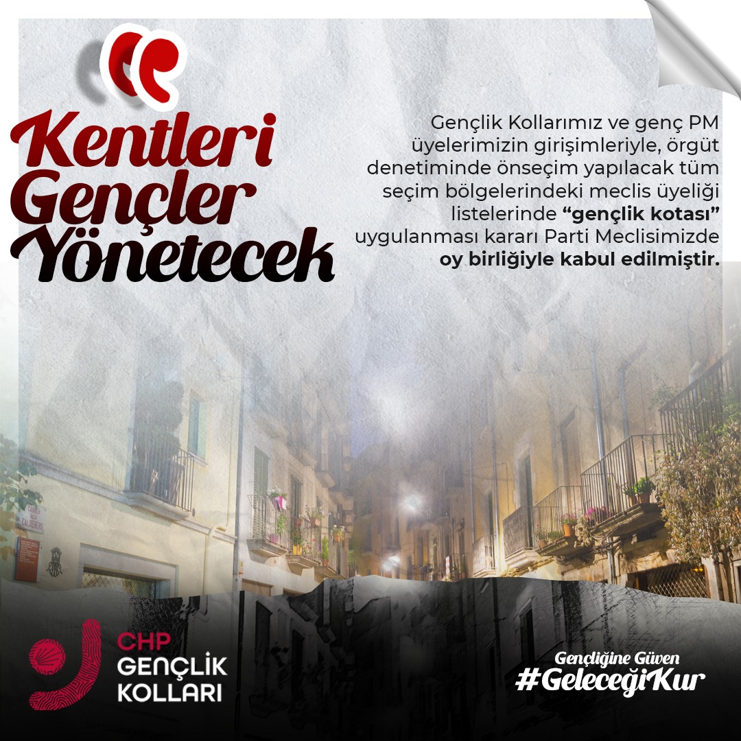 chpgenclik_gm's tweet photo. KENTLERİ GENÇLER YÖNETECEK

2024 Mahalli idareler seçimlerinde CHP listelerinde “gençlik kotası” uygulanması karar alınmıştır.
Yaşadığımız, büyüdüğümüz kentleri biz gençler yöneteceğiz. https://t.co/tV4YqyrmyY
