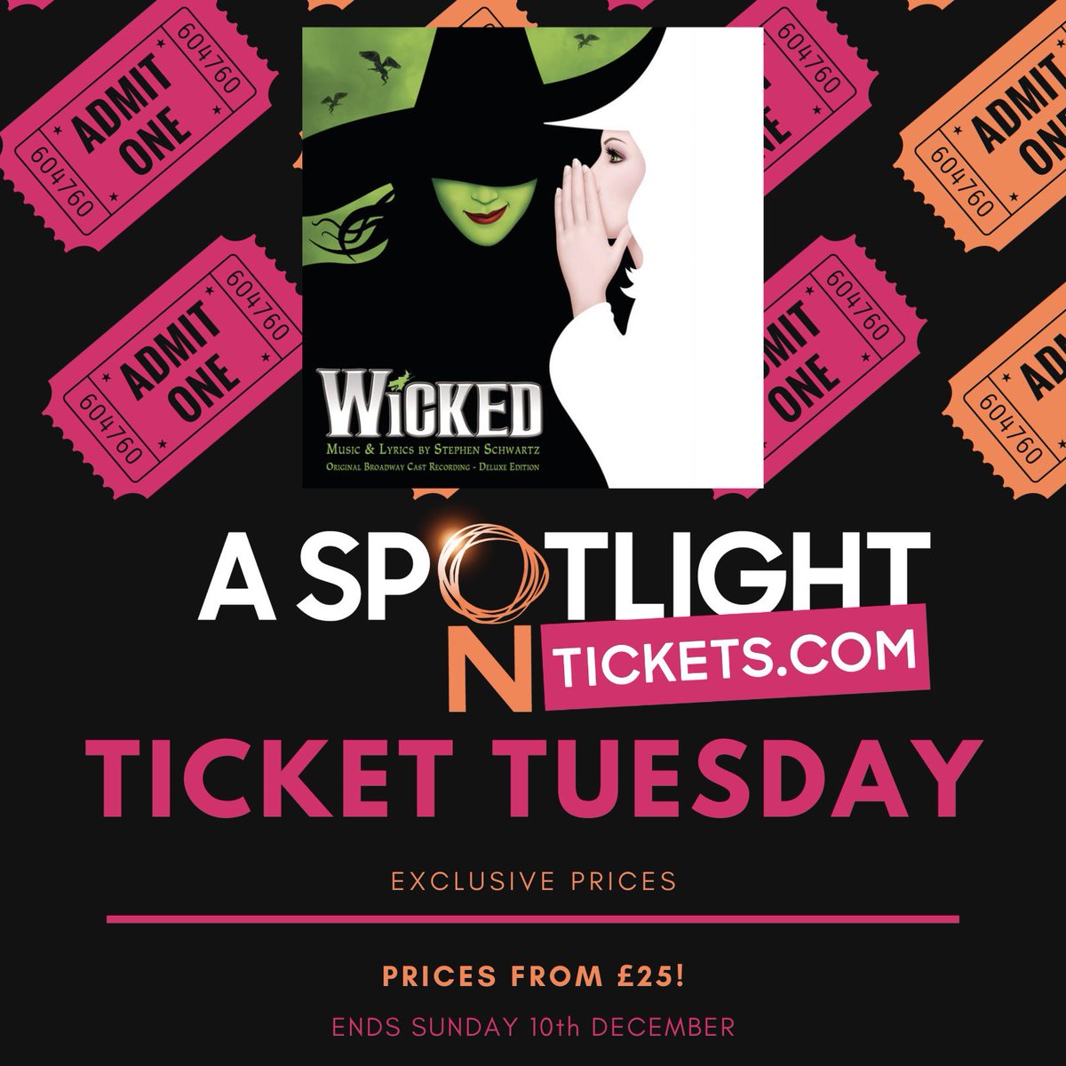 It’s #TicketTuesday !!! And what better way to kick it off than with a classic musical 💚 WICKED 💚 Visit A Spotlight On Tickets to receive exclusive price tickets starting from £25! But hurry offer ends December 10th! 🎁 #aspotlightontickets