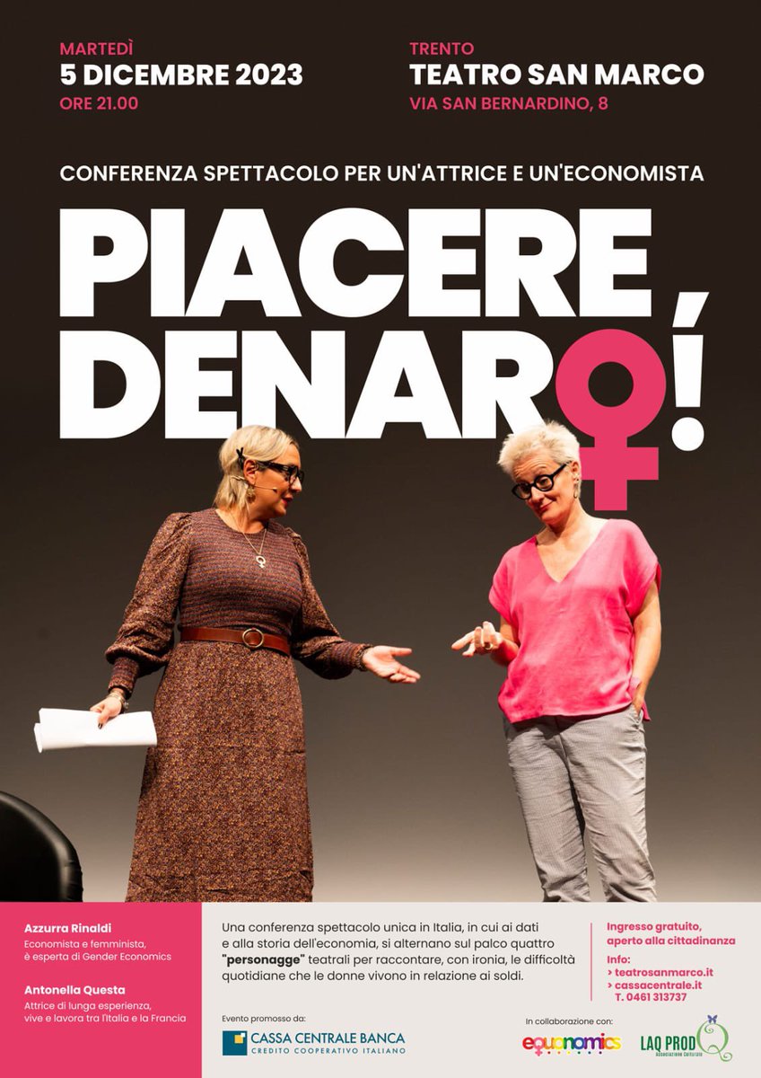 Se siete a Trento, stasera il Teatro San Marco ospiterà la conferenza spettacolo Piacere, Denaro!, sviluppata insieme a quella genia di @antnqu L’ingresso è gratuito e senza prenotazione (chi prima arriva…) Ci vediamo alle 21!