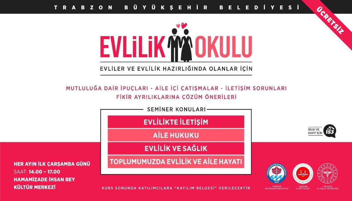 Evlilik Okulu eğitimleri devam ediyor. İster çift, ister tek olarak seminerlerimize katılabilirsiniz.🤝 🗓 Yarın ⏰ 14.00-17.00 📍Hamamizade İhsan Bey Kültür Merkezi Başvuru: trabzon.bel.tr