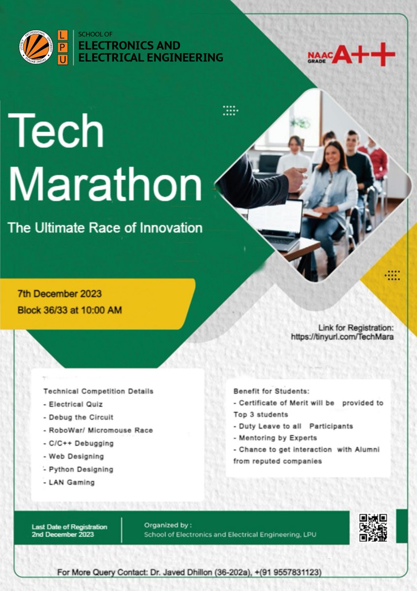 LPU_EEE's tweet photo. SEEE, LPU, is going to organize “TECH MARATHON: The Ultimate Race of Innovation” on 7th December, 2023 from 10:00 AM onwards.
For more details contact Dr. Javed Dhillon (36-202a), +91 9557831123.
#LPU #LovelyProfessionalUniversity #SEEE
#TechMarathon #Innovation https://t.co/4rDvQVYAEx