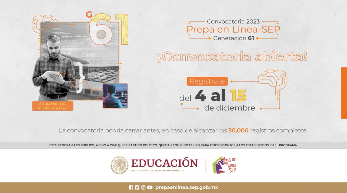 EmbaMexDin's tweet photo. ¡Convocatoria abierta!

Comenzamos el periodo de registro de la Convocatoria 2023 Generación 61 de Prepa en Línea-SEP.
Realiza tu registro en el enlace https://t.co/ArnG07yG4h

#Convocatoria2023PLSEP #G61_PL-SEP #PrepaEnLíneaSEP https://t.co/9fhcjRPE1H
