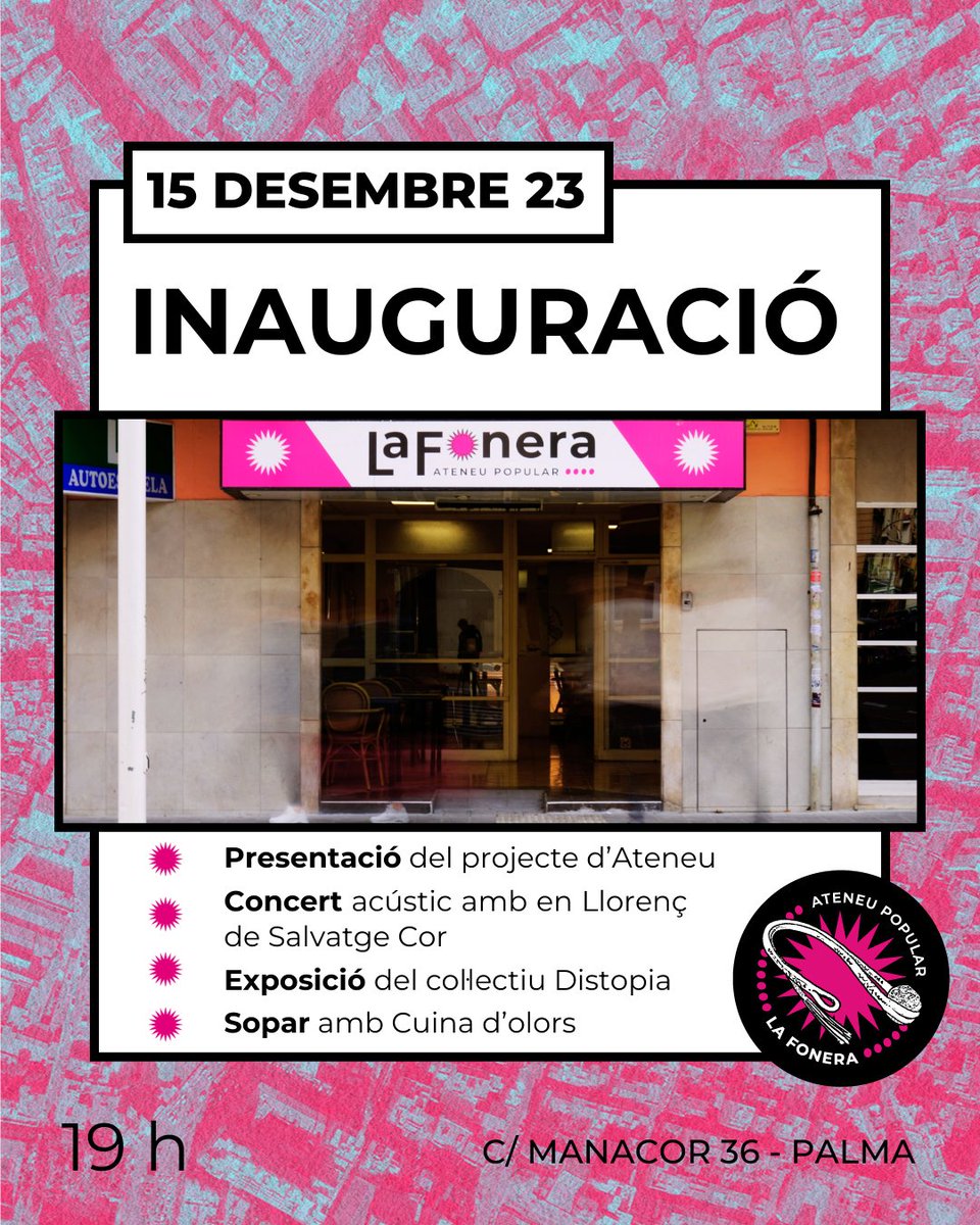 AteneuLaFonera's tweet photo. 🔴INAUGURAM LA FONERA!🔴

☀️Bon dia! Estam molt contentes d'anunciar que dia 15 de desembre inauguram l'Ateneu Popular La Fonera! 

🙌Donam el sus i obrim les portes de l'Ateneu com a espai polític i cultural, on a partir d'aquest dia omplirem d'activitat i vida.❤️‍🔥 https://t.co/sWc6X2nnqh