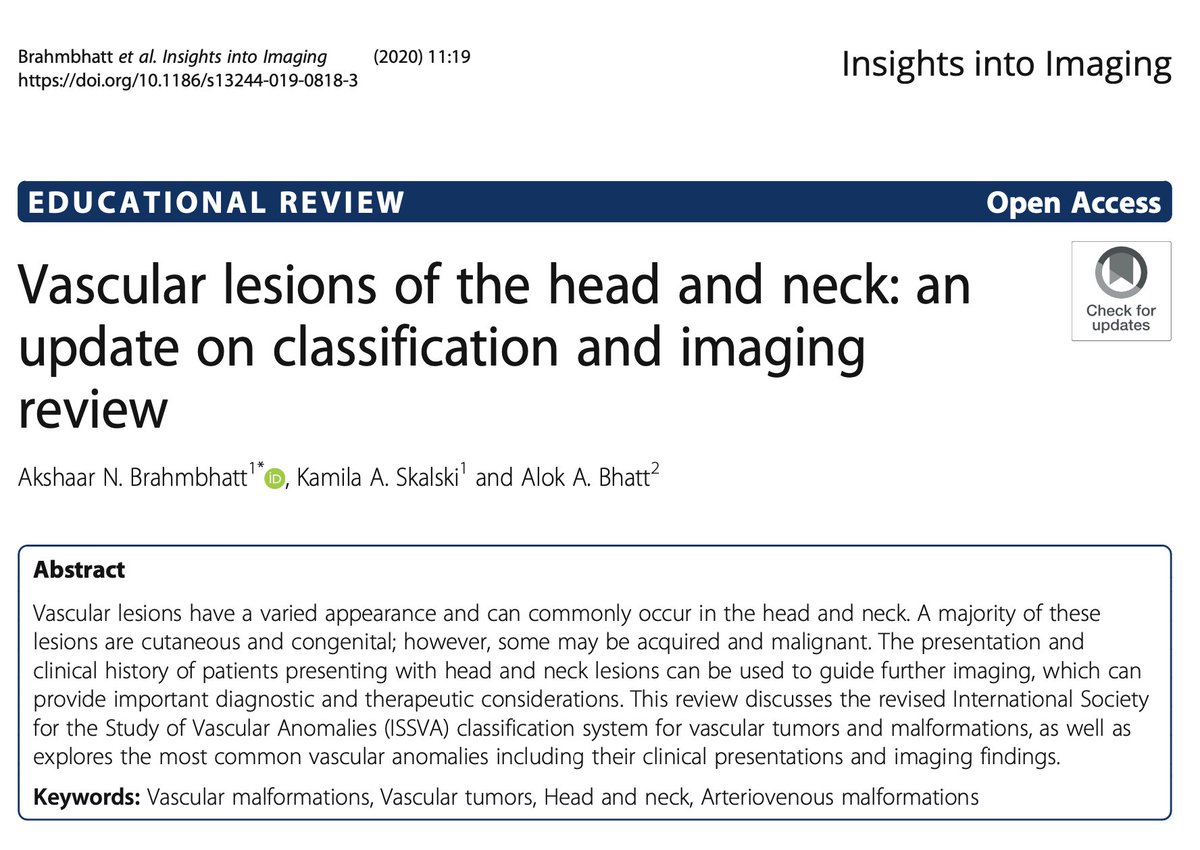 gennadanna's tweet photo. #GDASuggestions
"Vascular lesions of the head and neck: an update on classification and imaging review"
Brahmbhatt et al. discuss the revised classification system for vascular tumors and malformations in the head and neck as per the #ISSVA
#Radiology #HNRad #Neurorad ๐งต 1/8 https://t.co/rDTWazYqvt