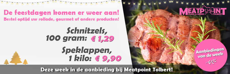 MeatpointNL's tweet image. Deze week in de aanbieding bij @MeatpointNL :

Schnitzels, 100 gram slechts € 1,29!
Speklappen, 1 kilo voor maar € 9,90!

De feestdagen komen er weer aan!🎄🎅
Bestel dus optijd uw rollade, gourmet of andere producten!

Kijk ook op onze website: meatpointtolbert.nl
