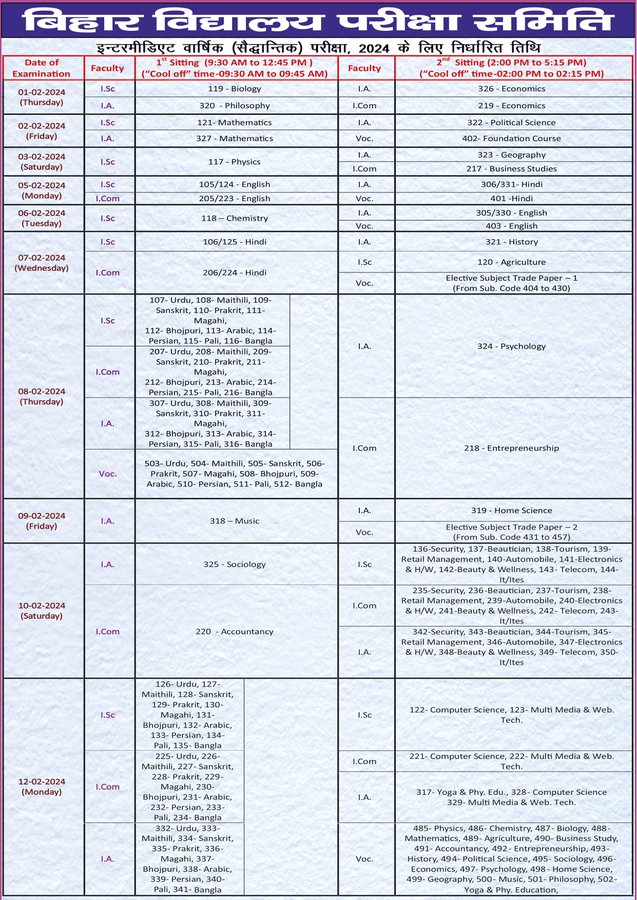 Bihar Board Inter Exam Date Sheet 2024 