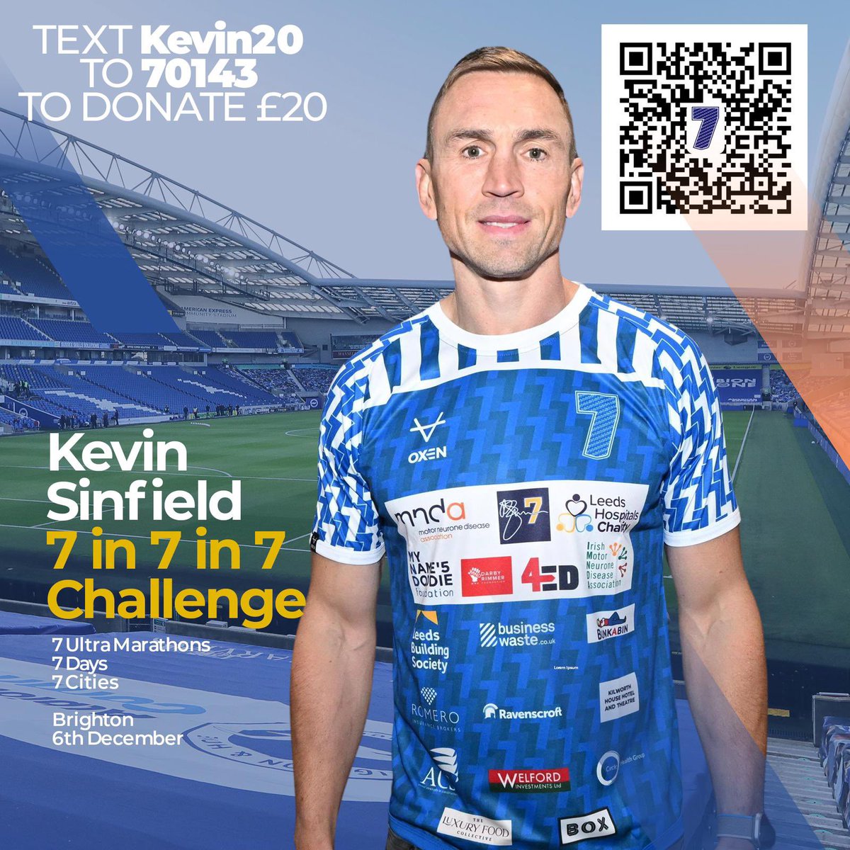 The legend that is Kevin Sinfield is currently running 7 ultra marathons, in 7 cities, in 7 days in honour of @Rob7Burrow and everyone living with Motor Neurone Disease. He’s in Brighton Wednesday, let’s support anyway we can even if turning up to cheer him and his team on.…