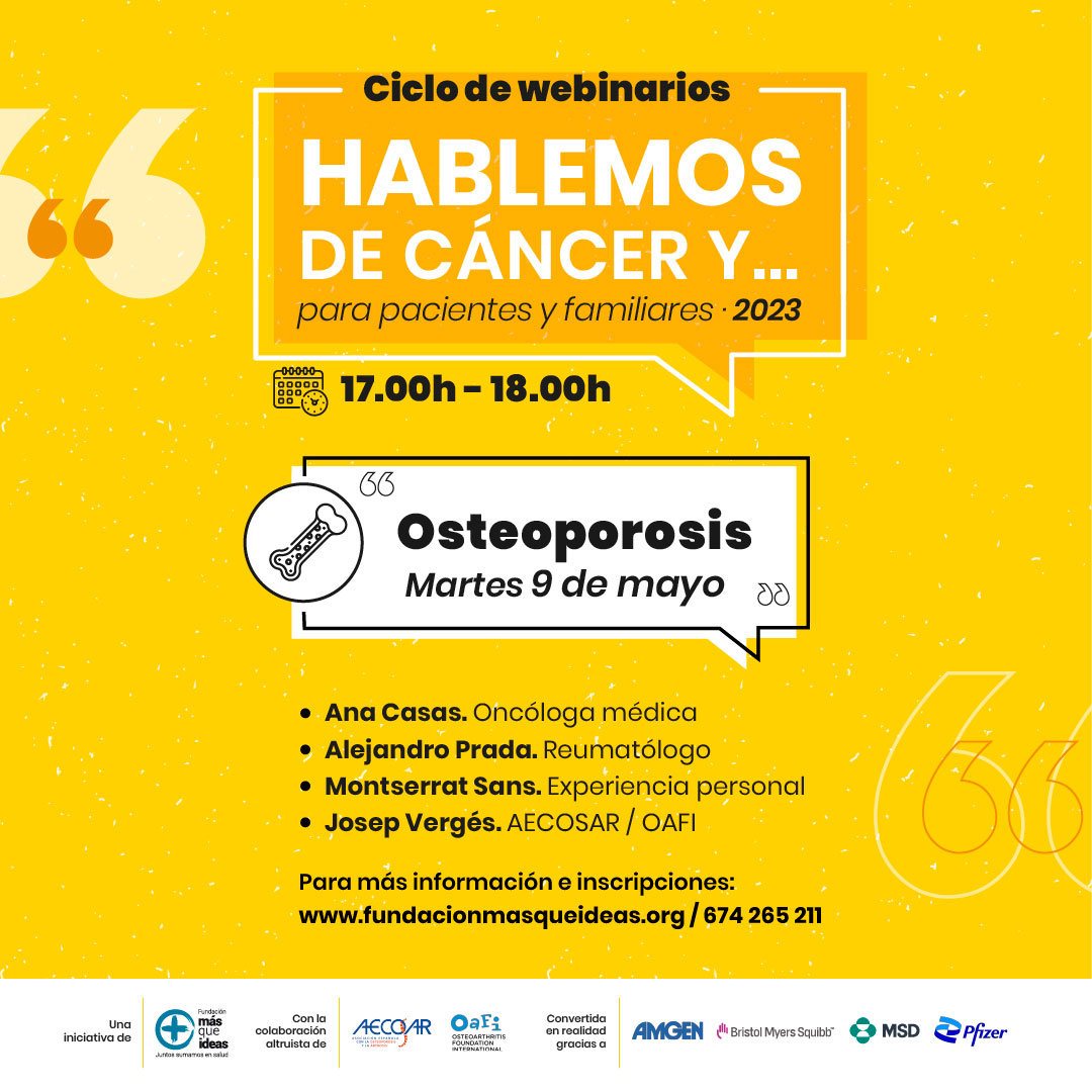 Fundación MÁS QUE IDEAS (@fundacionmqi) on Twitter photo #CalendarioDeAdviento #NuestrasIniciativas2023
HABLEMOS DE CÁNCER Y OSTEOPOROSIS (mayo 2023)
Con la participación de:
🔵<a href="/DraAnaCasas/">Ana Casas MD, PhD #ToPutEnergyintoScience</a> (@HospitalUVirgenRocio)
🔵Montserrat Sans (experiencia personal)
🔵<a href="/DrJosepVerges/">Josep Vergés</a> (<a href="/OAFIFoundation/">OAFI Foundation</a> y @aecospacientes)
➡️youtube.com/watch?v=HclF6K… #CalendarioDeAdviento #NuestrasIniciativas2023
HABLEMOS DE CÁNCER Y OSTEOPOROSIS (mayo 2023)
Con la participación de:
🔵<a href="/DraAnaCasas/">Ana Casas MD, PhD #ToPutEnergyintoScience</a> (@HospitalUVirgenRocio)
🔵Montserrat Sans (experiencia personal)
🔵<a href="/DrJosepVerges/">Josep Vergés</a> (<a href="/OAFIFoundation/">OAFI Foundation</a> y @aecospacientes)
➡️youtube.com/watch?v=HclF6K…