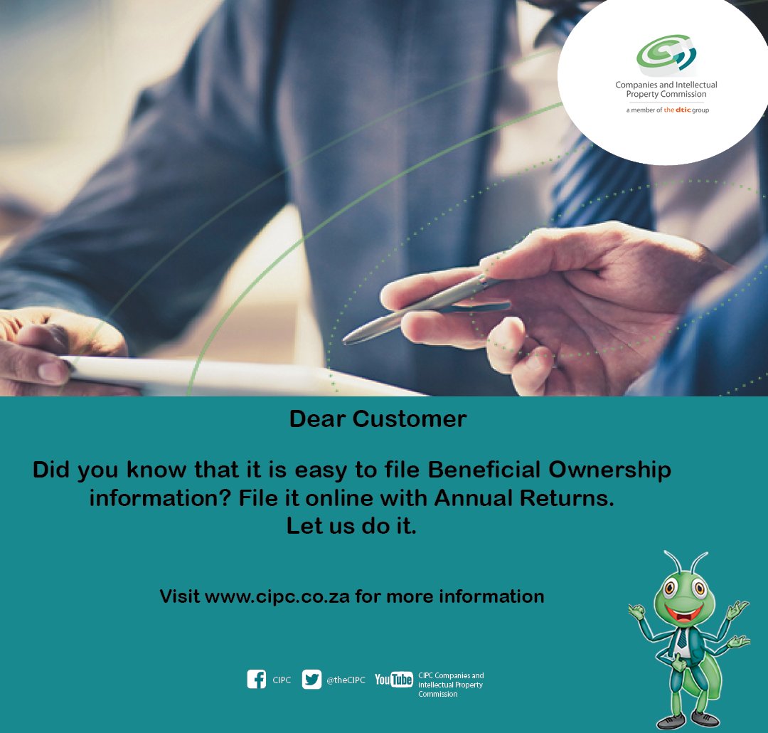 theCIPC's tweet photo. Dear Customer
Filing Beneficial Ownership is as easy as AR filing. Let us do it step-by-step https://t.co/W3bdzXVeER
#CIPC
#arfiling
#BeneficialOwnership https://t.co/su2XcYp59q