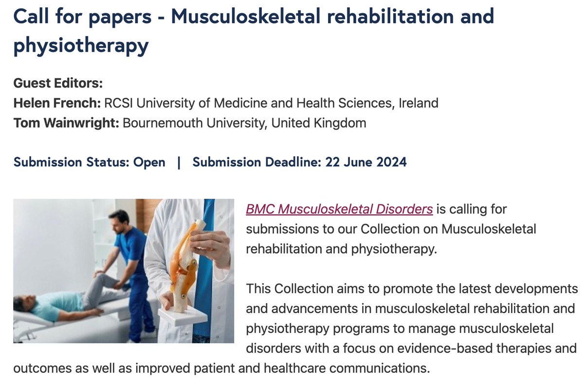 Call for papers! Musculoskeletal rehabilitation and physiotherapy biomedcentral.com/collections/mrp @BMC_series @helfrench @BioMedCentral #musculoskeletal #rehabilitation #physiotherapy