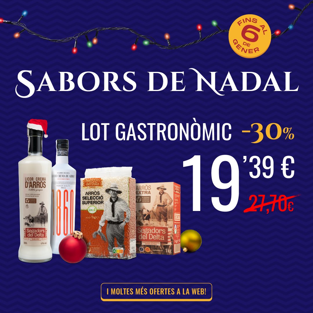 SegadorsDelta's tweet photo. 🎄 A Segadors del Delta volem que aquestes festes de #Nadal gaudiu dels #saborsdelDelta, per això hem decidit allargar les promocions #3x2 de Black Friday i oferir-vos un excepcional #lotgastronòmic fins al 6 de gener!
🛒 https://t.co/4x15LoDukr
 #Segadorsdeldelta #licors #arròs https://t.co/RCWlRxaMbQ