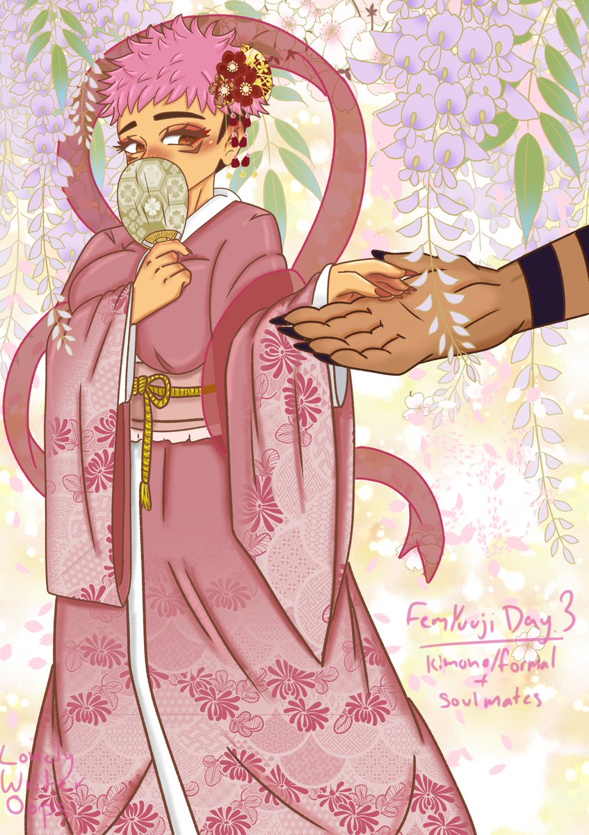 LonelyWriterOop's tweet photo. @FemYuujiWeek 
Day 3 of #femyuujiweek2023 !♀️🐯
Kimono/Formal + Soul Mates. It seems Yuji's suitor is here to visit her~😏
#sukuita https://t.co/24wcCBTHxo