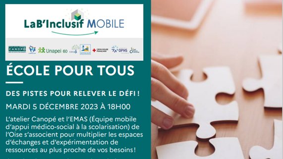canope_DThdf's tweet photo. 🗓️ C'est aujourd'hui !
 Le Lab'Inclusif MOBILE ? 🧩Un projet, une démarche... et une première dans l'#Oise  !
Entré libre, à l'Atelier #Canopé de #Beauvais.
📢Venez nombreux !
#ecolepourtous #inclusion #labinclusif #accessibilitéuniverselle #cooperation #emas #equipemobile https://t.co/gjrCdX2jht