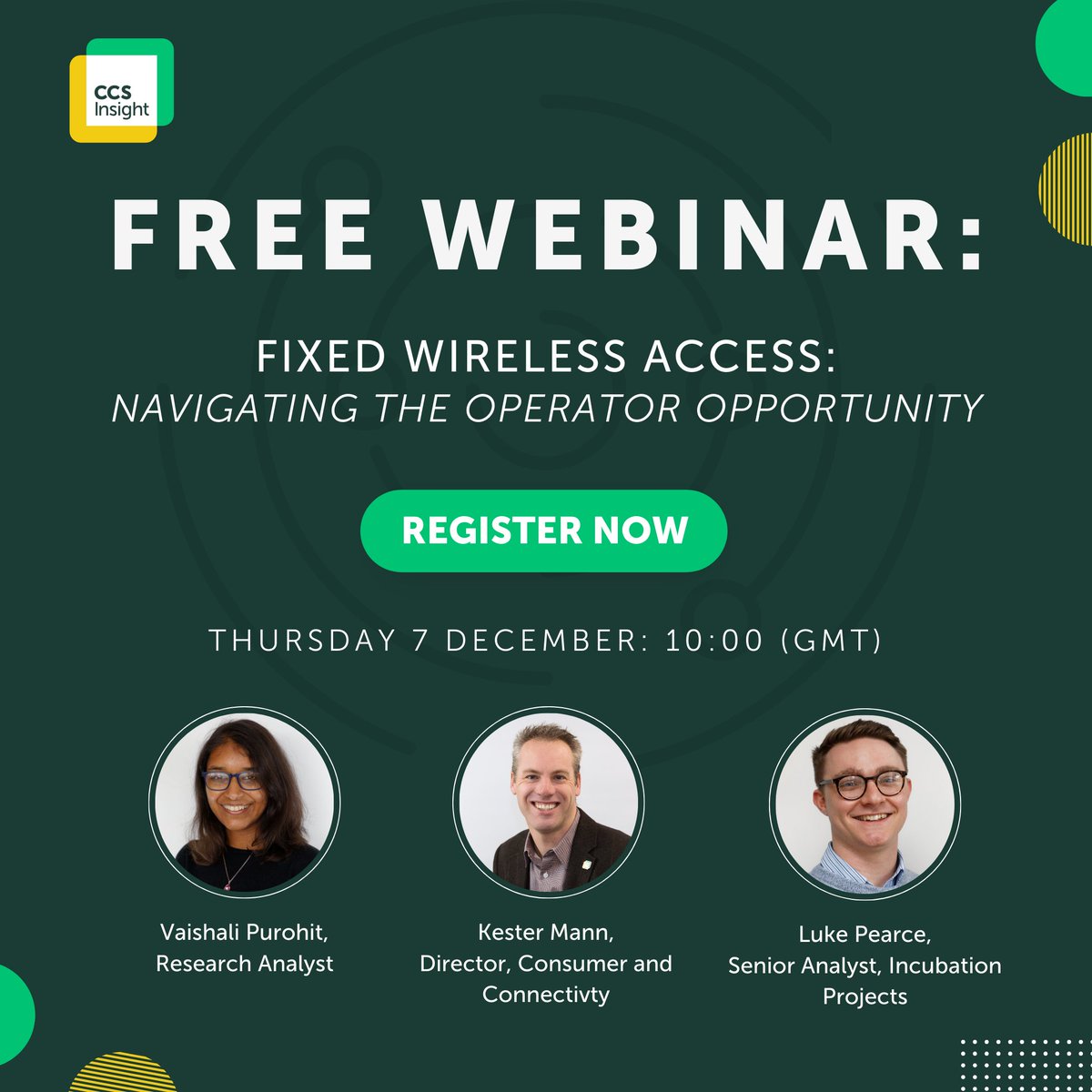 Join us for an insightful webinar on Thur 7 Dec @ 10:00 GMT, where we'll be navigating the fixed wireless access opportunity!

Gain exclusive insights into real-world case studies from successful #FWA deployments globally.

🔗 Register for free: ccsinsight.com/events/fixed-w…