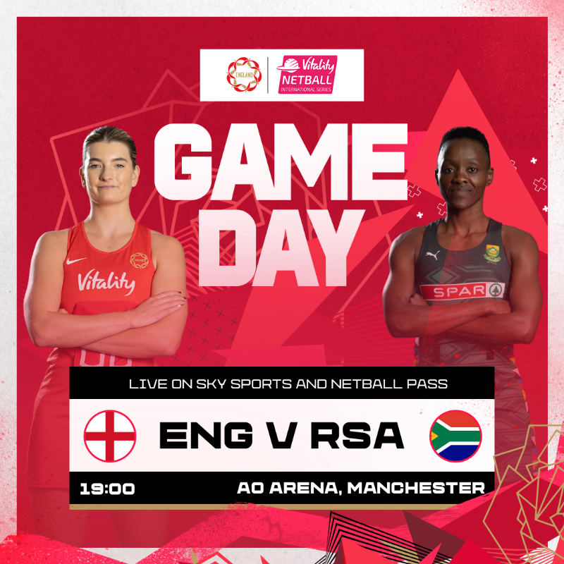 EnglandNetball's tweet photo. It's game day 🙌

🏴󠁧󠁢󠁥󠁮󠁧󠁿🆚🇿🇦 The Vitality Roses are back in action on home soil as they face @Netball_SA in the series opener in Manchester!

Watch live on @SkySports, including YouTube (UK fans), SuperSport (South Africa) or Netball Pass (other areas worldwide)! ⤵️