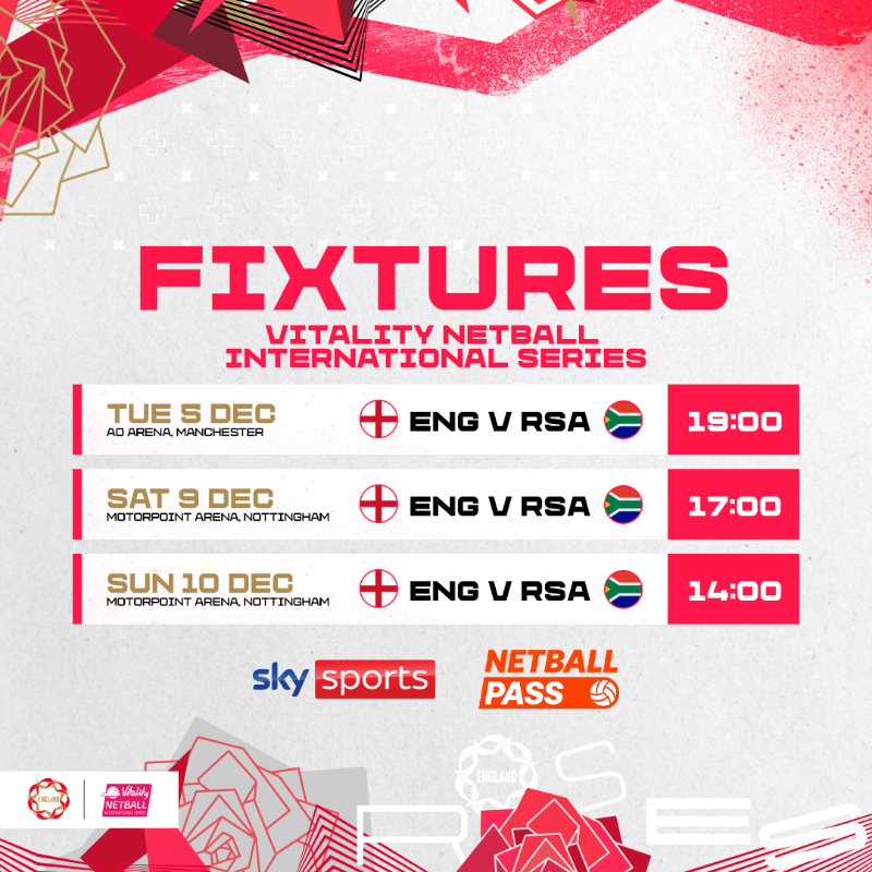 EnglandNetball's tweet photo. It's game day 🙌

🏴󠁧󠁢󠁥󠁮󠁧󠁿🆚🇿🇦 The Vitality Roses are back in action on home soil as they face @Netball_SA in the series opener in Manchester!

Watch live on @SkySports, including YouTube (UK fans), SuperSport (South Africa) or Netball Pass (other areas worldwide)! ⤵️