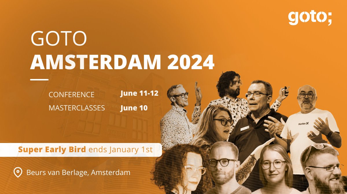 📣 We're thrilled to announce our first speakers of #GOTOams 2024 and our Super Early Bird sale! 👋🏽 @boicy, @MartinDotNet, @mamund, @odrotbohm, @suksr, @mipsytipsy, @simonbrown, @samnewman, @EliHolderness, @VKazulkin, @t_redactyl, @signe_simonsen 👉🏼 gotoams.nl/2024