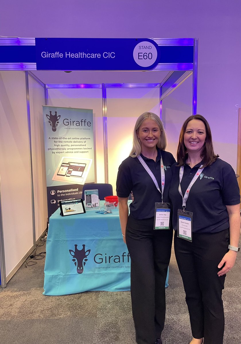 Ready for day 2 of #UKSF23 come say hello 👋 Elaine and Gillian smiling and happy to show you around our online #rehabilitation platform and how it can benefit people with #stroke 🦒