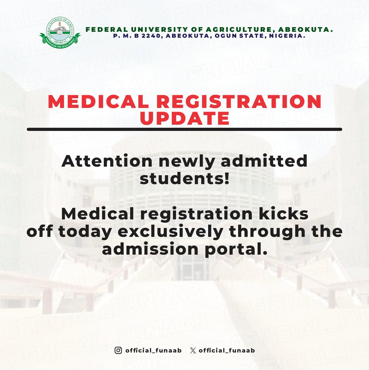 🩺 Welcome to the healthcare journey, #FUNAABites! New students, it's time to complete your medical registration. Let's ensure a healthy and thriving academic year together! 💉🌡️ #MedicalRegistration #FUNAABHealth #StudentHealth #FUNAAB