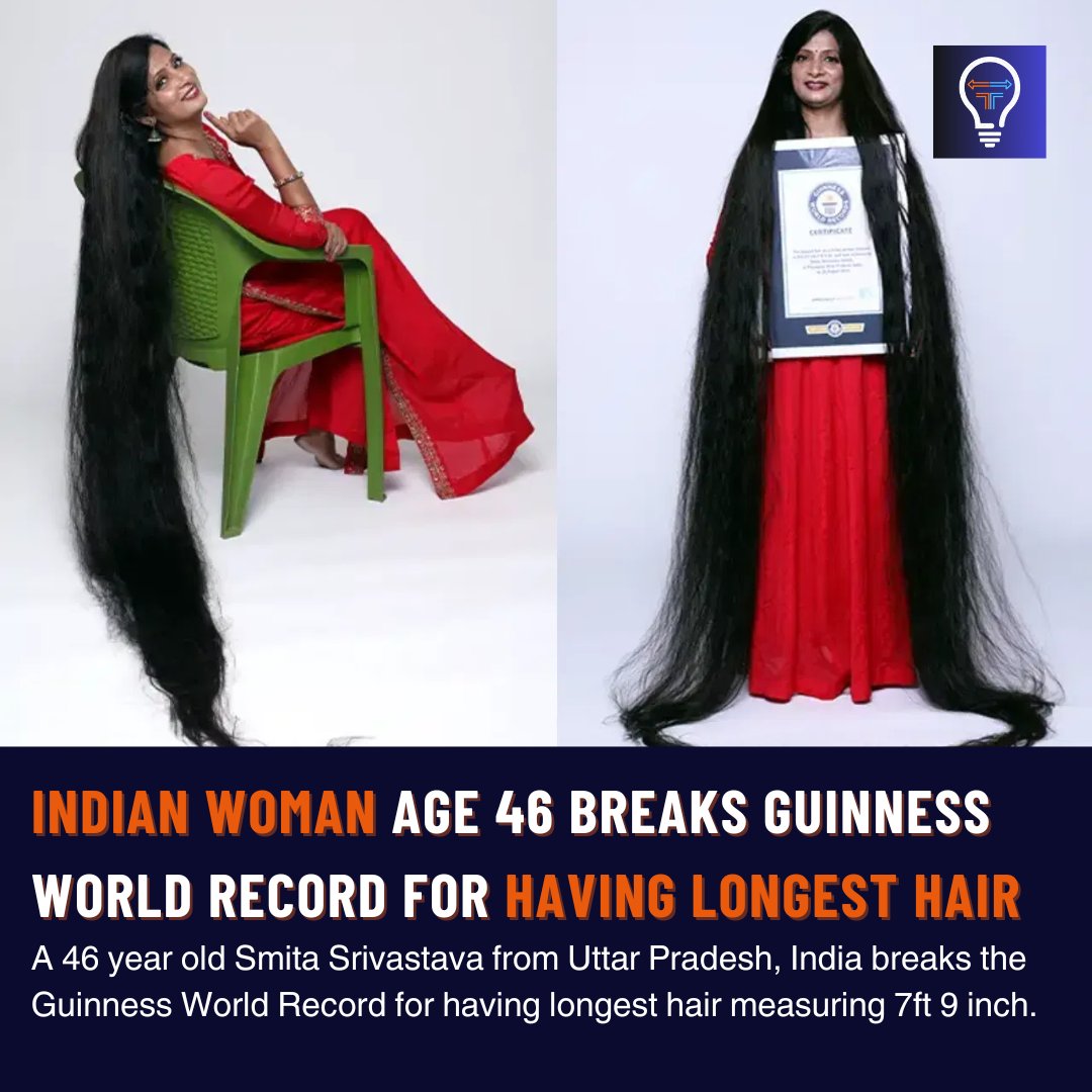A 46-year-old woman from #UttarPradesh, Smita Srivastava, secures the #Guinness #WorldRecord for the #longesthair —measuring 7 feet 9 inches. She aspires for longer lengths.
#fiscalfuel #guinnessworldrecords #haircare #Facts #Amazing #funfacts #WorldNews #worldfacts #India