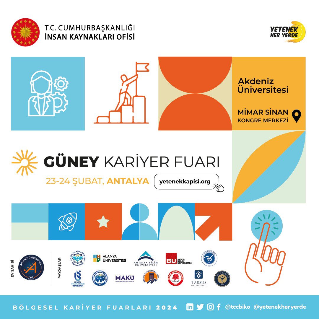 23-24 Şubat'ta Üniversitemiz ev sahipliğinde ve 12 üniversite paydaşlığında gerçekleşecek olan Güney Kariyer Fuarına katılım için yetenekkapisi.org'a kayıt olmayı unutmayın... @tccbiko @yetenekapisi @yetenekheryerde @gunkaf_ @Akdenizun