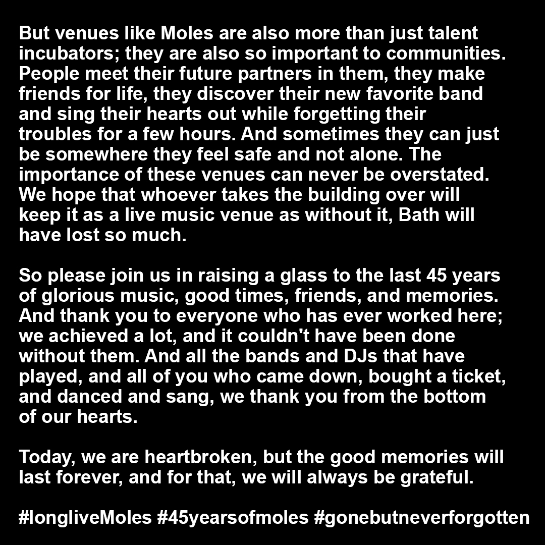 Today, we are heartbroken to announce that Moles, in its current form, is closing, effective immediately. 

Please read the full statement in the images above or on our Facebook page due to X's text limit

#longliveMoles #45yearsofmoles #gonebutneverforgotten