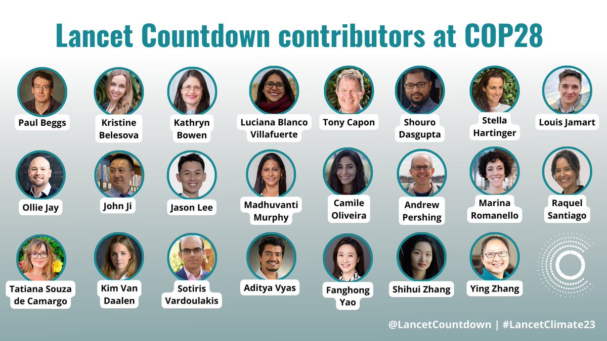 Today at #COP28, the @LancetCountdown will be presenting at 👇 📈 11:15 Climate Data, Science and Services for Better Health ❤️‍🩹 15:00 Accelerating a just transition for healthy people and a healthy planet 👨‍⚕️ 17:30 Health and climate change experts, culture, communication, and…