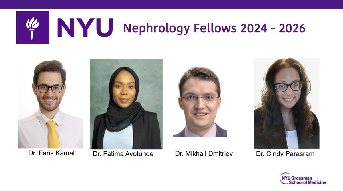 Thrilled to welcome Dr. Kamal, Dr. Ayotunde, Dr. Dmitriev, &amp; Dr. Parasram to our NYU Nephrology family! 💜🤍

Congratulations, future nephrologists!!! 🎉
#nephrology #fellowship #Match2024