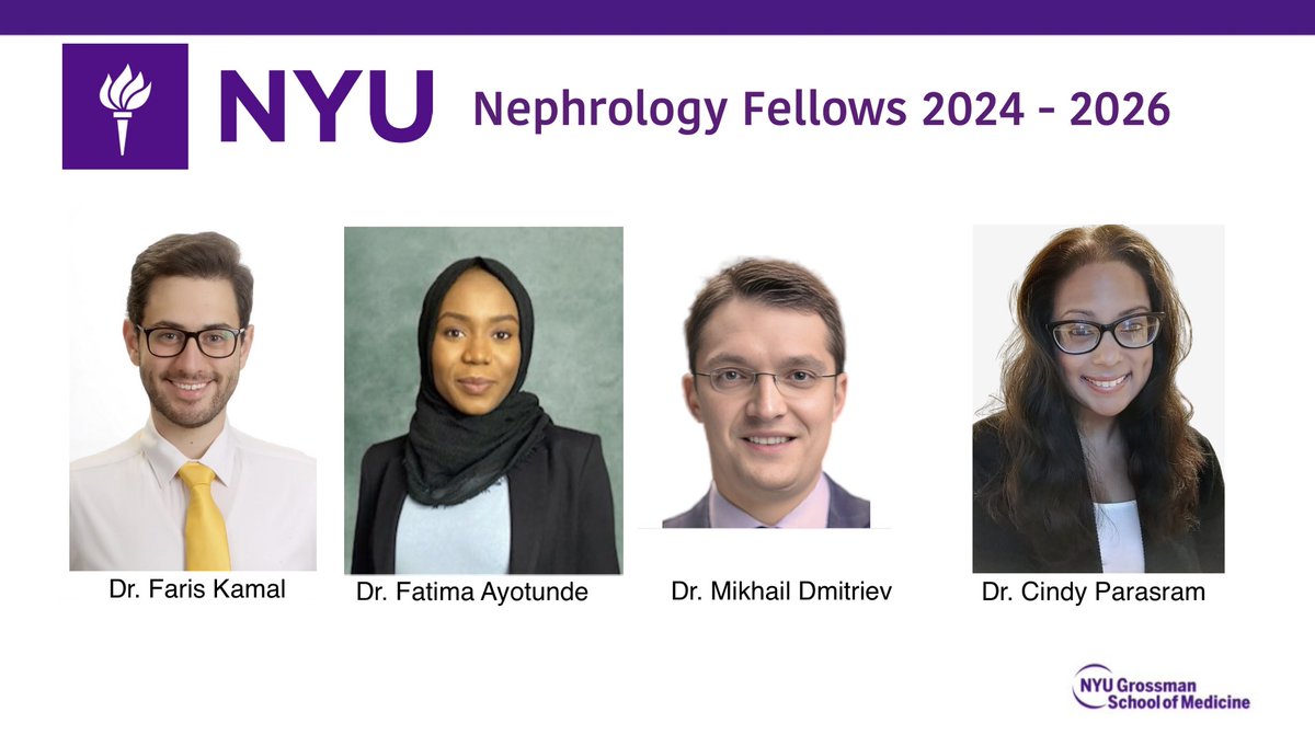 Thrilled to welcome Dr. Kamal, Dr. Ayotunde, Dr. Dmitriev, & Dr. Parasram to our NYU Nephrology family! 💜🤍 Congratulations, future nephrologists!!! 🎉 #nephrology #fellowship #Match2024