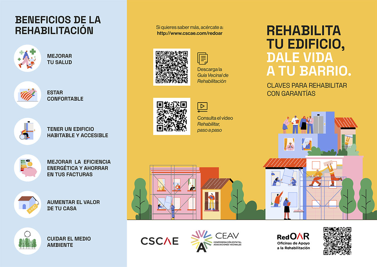 CSCAE's tweet photo. Descarga el tríptico que resume los 10 pasos que hay que dar para rehabilitar un edificio con garantías y
los beneficios para la salud de sus habitantes ⬇️

El folleto sintetiza el contenido de la "Guía vecinal de rehabilitación", creada con @VecinalCeav

https://t.co/Ciy5rKtaxI https://t.co/dBPEw7IOV8