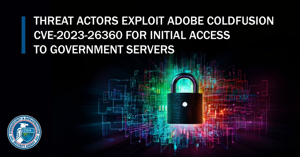 CISAgov's tweet image. Our latest advisory has #TTPs, #IOCs, and recommended mitigations to protect against exploitation of CVE-2023-26360, a vulnerability in Adobe ColdFusion that was exploited for initial access to fed gov’t servers. Read advisory: go.dhs.gov/oCD