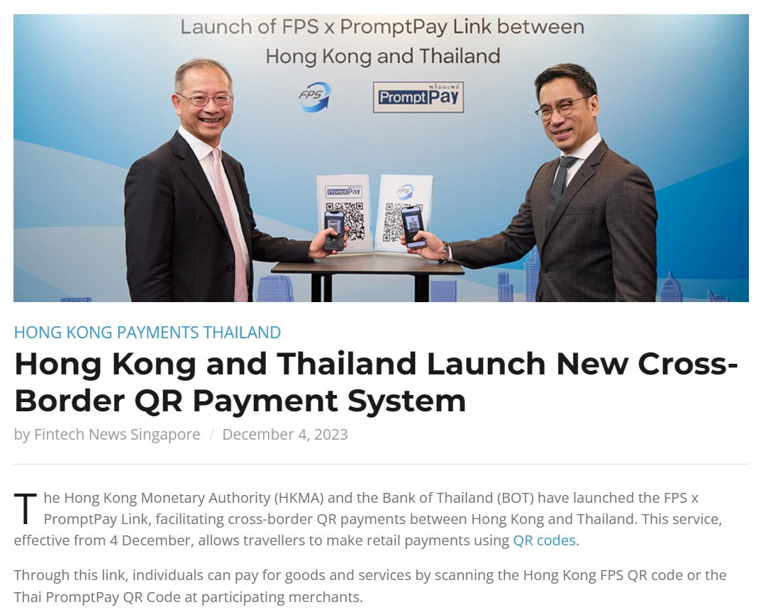 ChadSteingraber's tweet photo. Hong Kong and Thailand have officially linked up their Real-Time Payment networks.  QR Code Cross-Border, they all will CONNECT into one global unified network.

FPS // PromptPay
NO SWIFT // NO DOLLAR

NEW RAILS // NEW WORLD🌎 https://t.co/GoeumErIgS