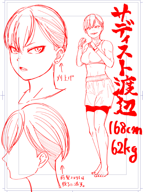 次のエロ漫画のキャラデザです。震えて待て。
ムキムキの女とヒョロガリの男、今まで描いた事がないから挑戦。 
