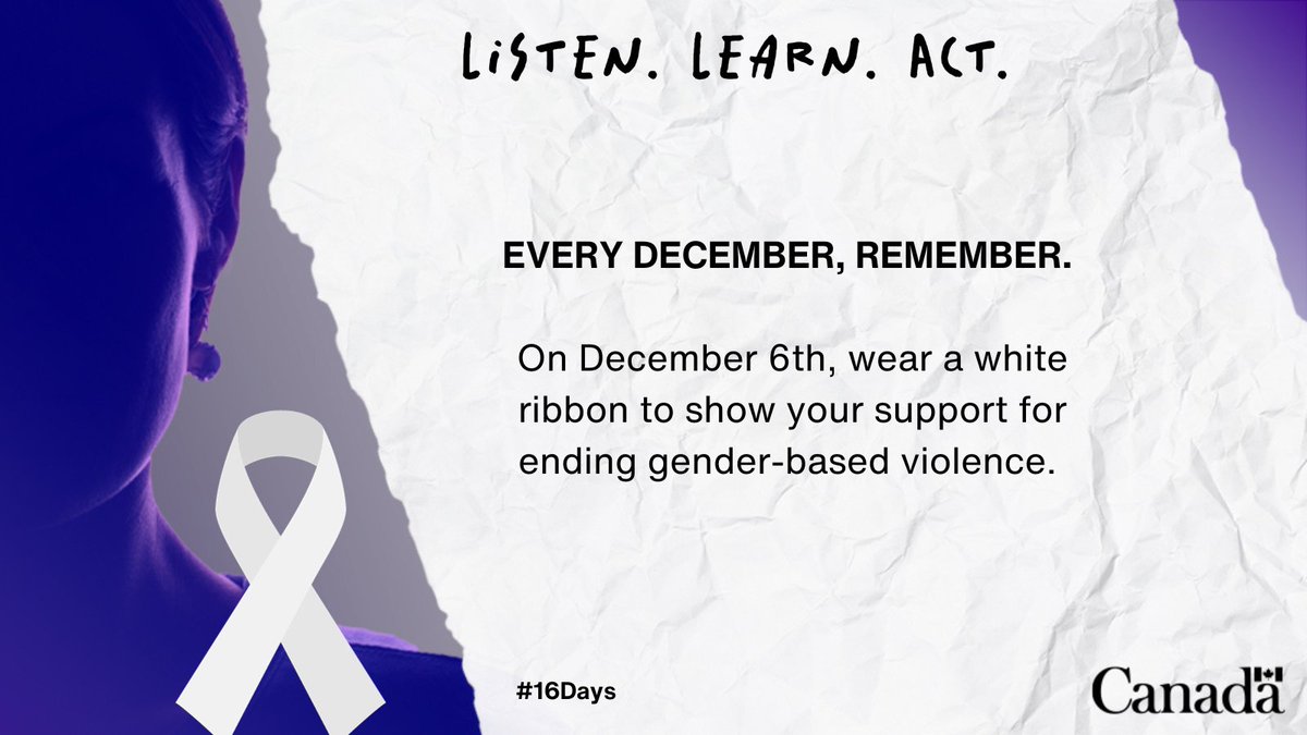 December 6, 1989, fourteen women were murdered during the antifeminist #MontrealMassacre. 
 
The #GC later declared December 6 a National Day of Remembrance and Action on Violence Against Women, also known as White Ribbon Day. 
 
#16Days