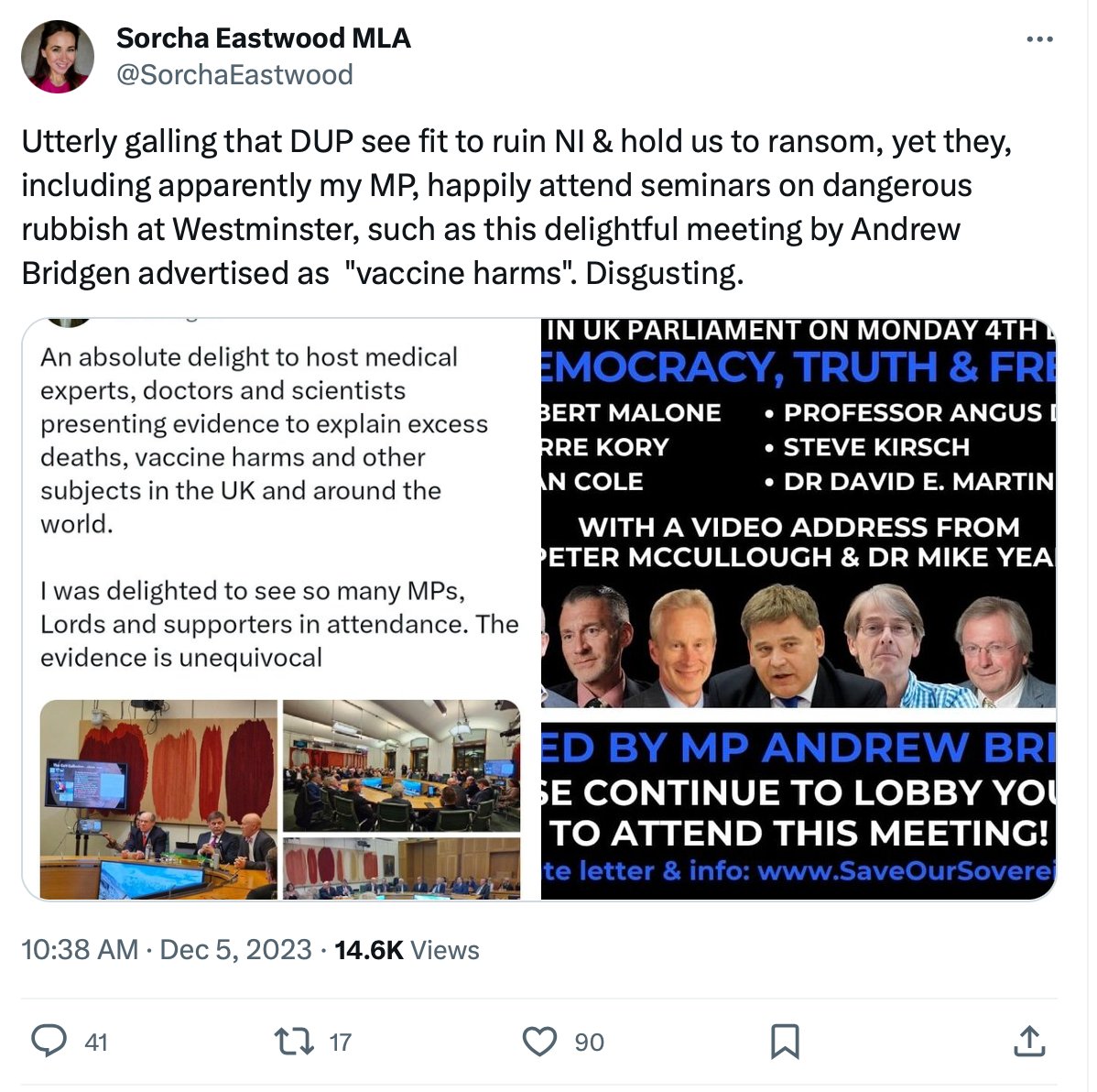 Citizen Journalists (@citizenjournos_) on Twitter photo This is abhorrent language from <a href="/allianceparty/">Alliance Party</a> MLA <a href="/SorchaEastwood/">Sorcha Eastwood MP</a> as she calls raising awareness of those who were injured by the Covid injections "dangerous rubbish" & goes on to attack the <a href="/duponline/">DUP</a> for attending such an event. Such contempt she holds for the injured. This is abhorrent language from <a href="/allianceparty/">Alliance Party</a> MLA <a href="/SorchaEastwood/">Sorcha Eastwood MP</a> as she calls raising awareness of those who were injured by the Covid injections "dangerous rubbish" & goes on to attack the <a href="/duponline/">DUP</a> for attending such an event. Such contempt she holds for the injured.