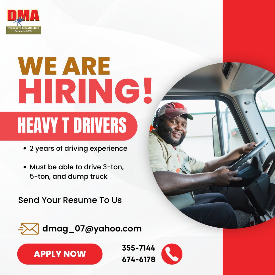 dmascaffolding's tweet photo. Join Our Team! Exciting Opportunities Await! 🌟

We're hiring Heavy T Drivers.
Contact us today at (868) 355-7144 or (868) 674-6178 and send your resume to dmag_07@yahoo.com. Your next career move starts here!
#jobopportunity #heavytdrivers https://t.co/DlOWnnOecj