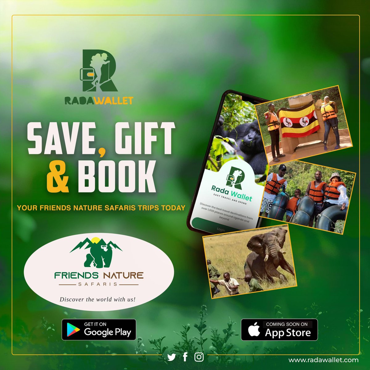 RadaWallet's tweet photo. Embrace the beauty of nature with @friendsnatures1 Safaris! Explore their incredible tours that focus on nature conservation and domestic tourism. Save, gift, and book your experiences effortlessly on the Rada Wallet App. Download now on Play Store.coming soon on the Apple Store! https://t.co/LQsmQs89bo