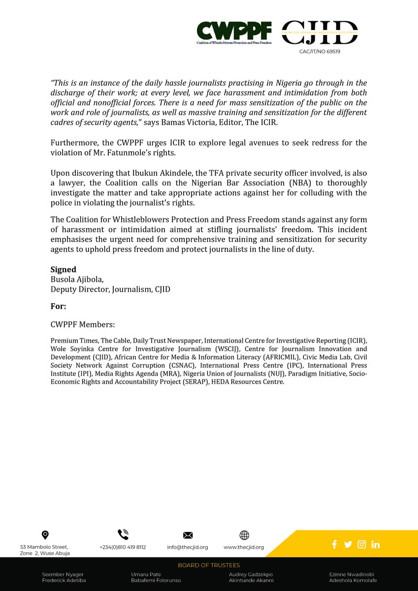 Leaks_NG's tweet photo. The Coalition for Whistleblowers Protection and Press Freedom (CWPPF) condemns the arbitrary and unjust detainment of Mr. Marcus Fatunmole, a News Editor at @TheICIR, on Monday, December 4, 2023.   

Read the full press release here: https://t.co/ZMrVRgIkRY