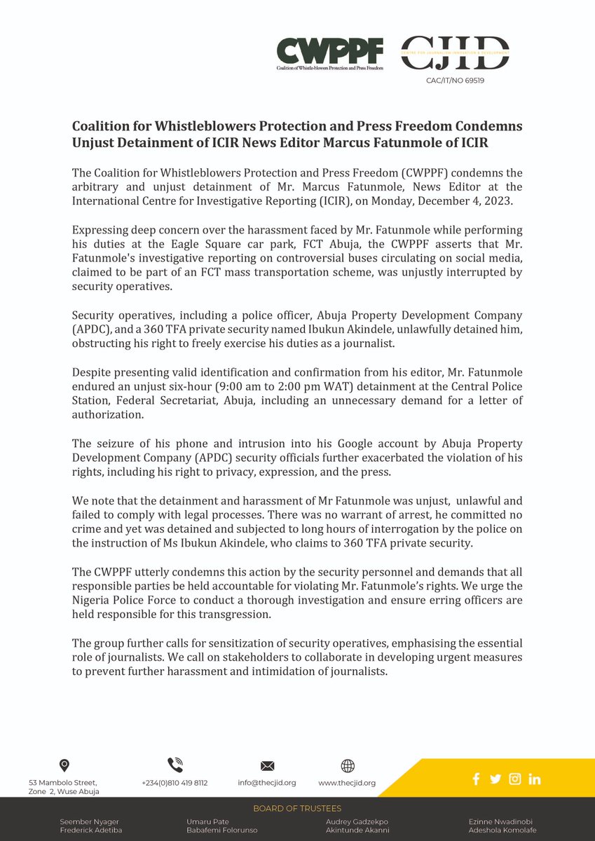 Leaks_NG's tweet photo. The Coalition for Whistleblowers Protection and Press Freedom (CWPPF) condemns the arbitrary and unjust detainment of Mr. Marcus Fatunmole, a News Editor at @TheICIR, on Monday, December 4, 2023.   

Read the full press release here: https://t.co/ZMrVRgIkRY