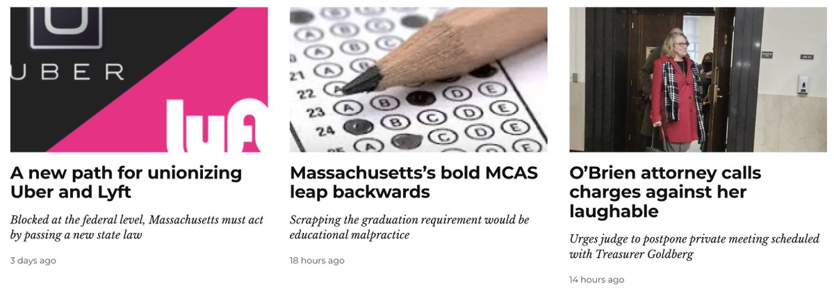 📈 Most popular this morning: 1. OPINION: A new path for unionizing Uber and Lyft 2. OPINION: Massachusetts’s bold MCAS leap backwards 3. O’Brien attorney calls charges against her laughable More headlines: commonwealthbeacon.org