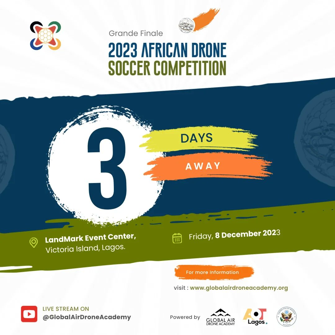 gadroneacademy's tweet photo. The clock is ticking🕜, the African Drone Soccer Competition is around the corner, happening live in Lagos, Nigeria 
Let the countdown commence🚀
Will you be there? Tell us in the comments section 😀

#DroneSoccerFinals #TechInnovation 
#DroneSoccer #DroneSports #GameChanger https://t.co/SmBtabAvpi