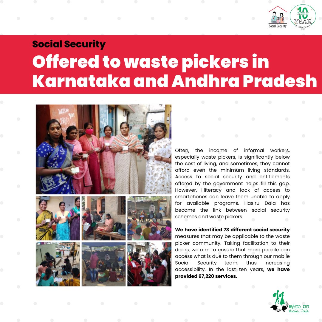 Hasiru_Dala's tweet image. Celebrating a decade of impact with Hasiru Dala! 

Social security is the heart of our mission, bridging connections between waste pickers and officials. Together, we've delivered 67,220 services in the last ten years.  🌍

 #HasiruDalaTurns10 #SocialSecurityMatters #HasiruDala