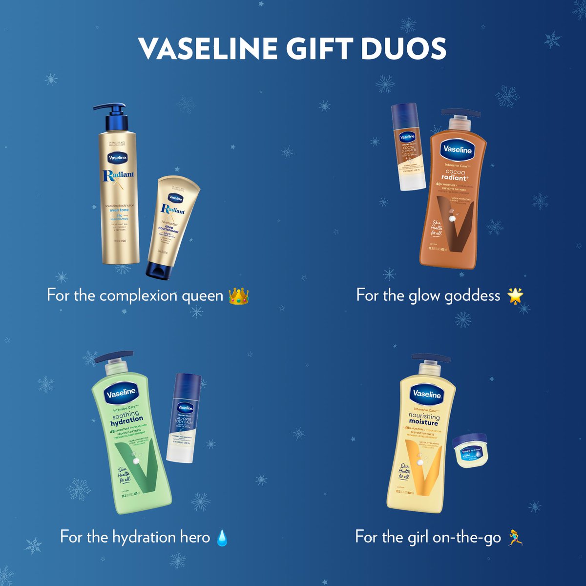 Let's get gifting! 🎁 Pick up the perfect Vaseline duo for everyone on your list... and maybe a little something for yourself, too 😉 ​ Let us know your perfect Vaseline duo below 👇 ​ #Vaseline #HolidayGiftGuide #HolidayGiftIdeas #HolidayGifts