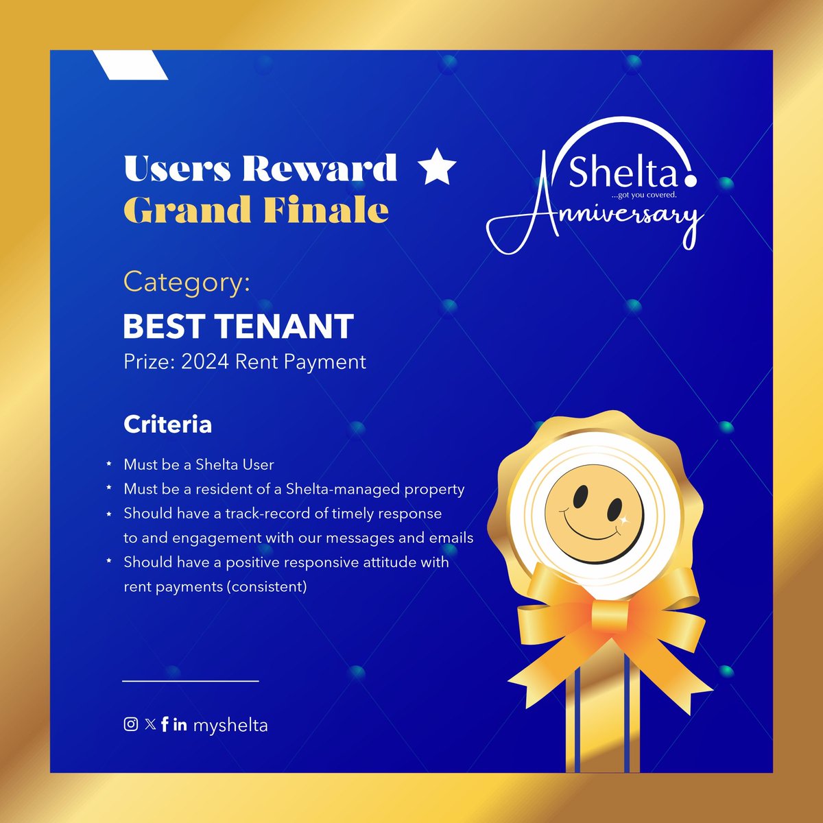 MyShelta's tweet photo. Ready for the Grand Finale!
Unveiling prizes and Categories.

2024 Full Rent Payment?
You are not ready for the surprises!

Will you win one of our awards?
Discover at the Grand Finale..

Great prizes for all categories and amazing prizes for all Shelta Users....

Stay tuned for more....

P.S. Attendance is strictly by invitation...

#SheltaUsersReward
#sheltaanniversary
#SheltaLandlord 
#AWARDS