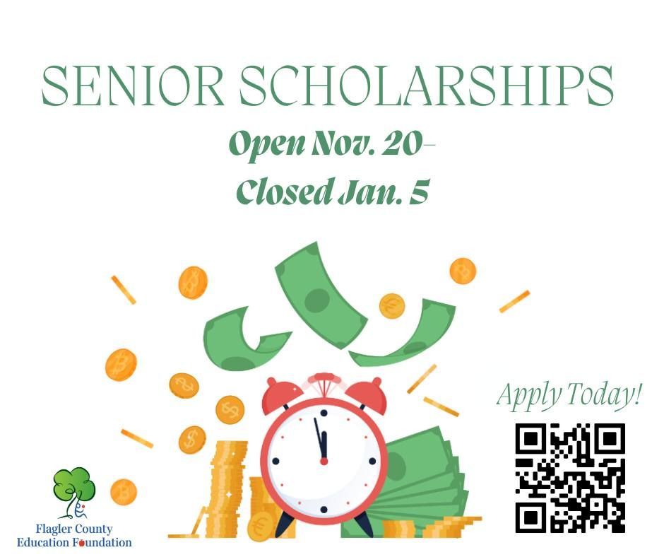ATTENTION Flagler Schools SENIORS!
The Senior Scholarship application is OPEN! Please ensure you have the email address of the person writing your recommendation letter for them to upload. 
The link to register is buff.ly/2Vyirhm
