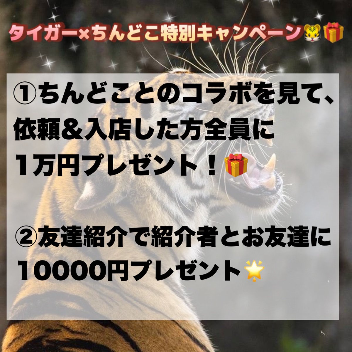 🐯🎋タイガー&ちんどこコラボ🎋🐯

画像2枚目に最大3万円のお得すぎるキャンペーンが記載🎁✨

🥇10000✖︎1

🥈5000✖︎2

🥉1000✖︎10

(アマギフ💳)

✨参加方法✨
@nightwork_tiger 
@chingechansuki 
の2つフォロー&このツイートRT☺️

#出稼ぎはタイガー でリプ&引用で当選率UP⤴️⤴️

🗓12/6-10