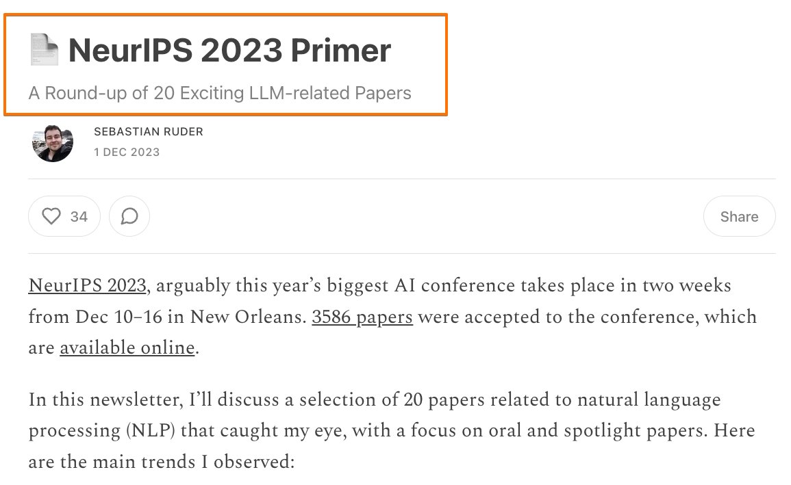 A Round-up of 20 Exciting LLM-related Papers by @seb_ruder 

Sebastian has done an incredible job in sifting through 3586 papers to bring us a curated selection of 20 standout #NLP papers from #NeurIPS2023  
Here's a quick glimpse into the main trends that are defining the future…
